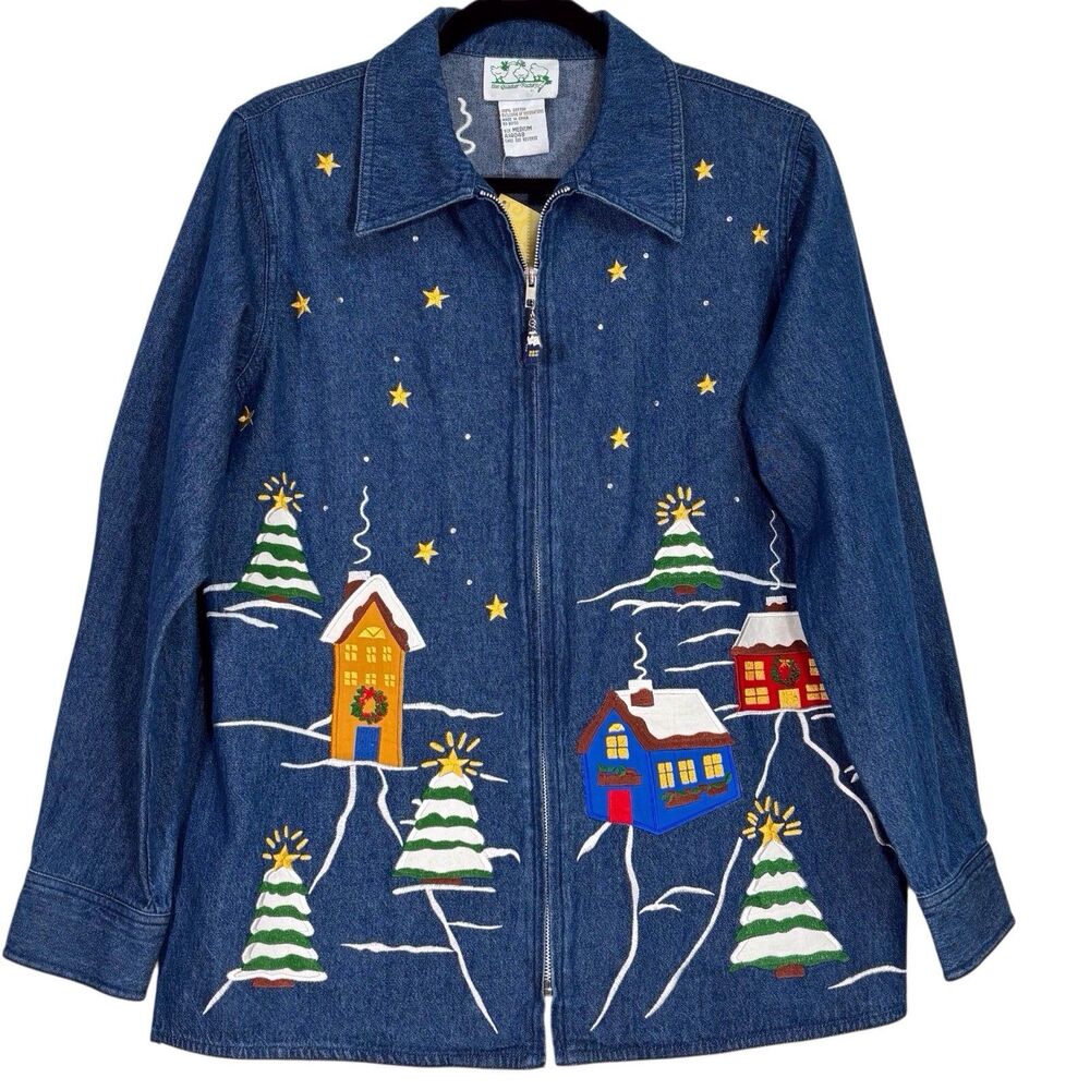 Quacker Factory Denim Jacket Medium Full Zip Embroidered Snowman Trees NWT